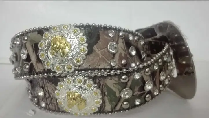 Круглая голова лошади rider pu ткань камуфляж воловья кожа кристалл золотой conchos