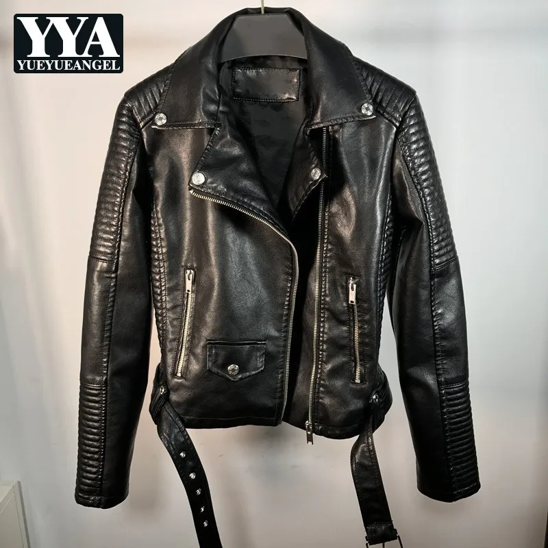 Женская байкерская куртка из ПУ кожи с длинным рукавом и отложным воротником на