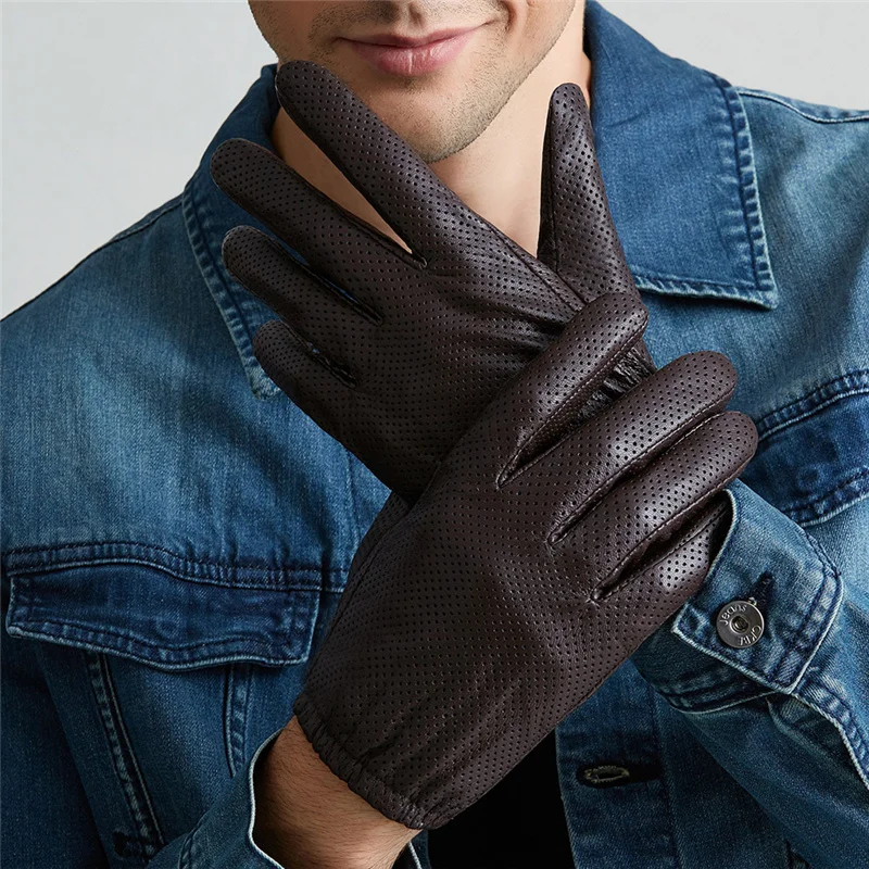 Genuine Leather Gloves Men Winter Touch Screen Sheepskin Gloves Breathable Mesh Driving Short Paragraph Thin Warm BJ004-5