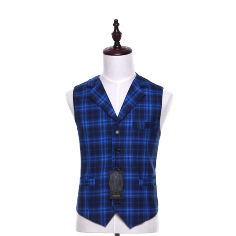

Stylish new blue plaid lapel factory tailored to create a sleeveless vest and men's tuxedo suit vest custom made