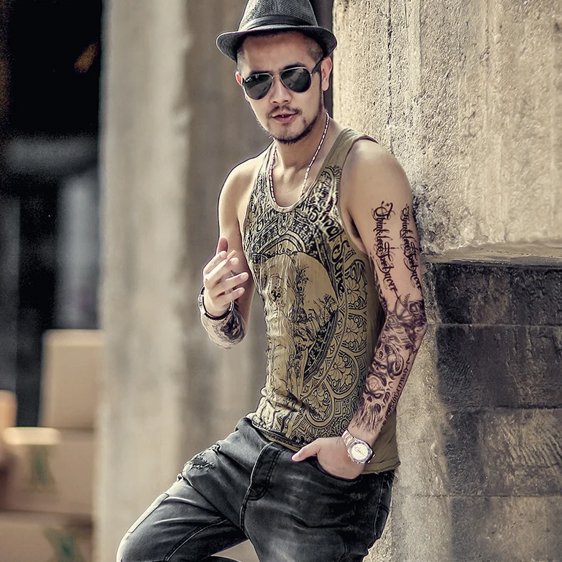 Для мужчин Синглетный топы Бодибилдинг майку с принтом летние золотистые Танк