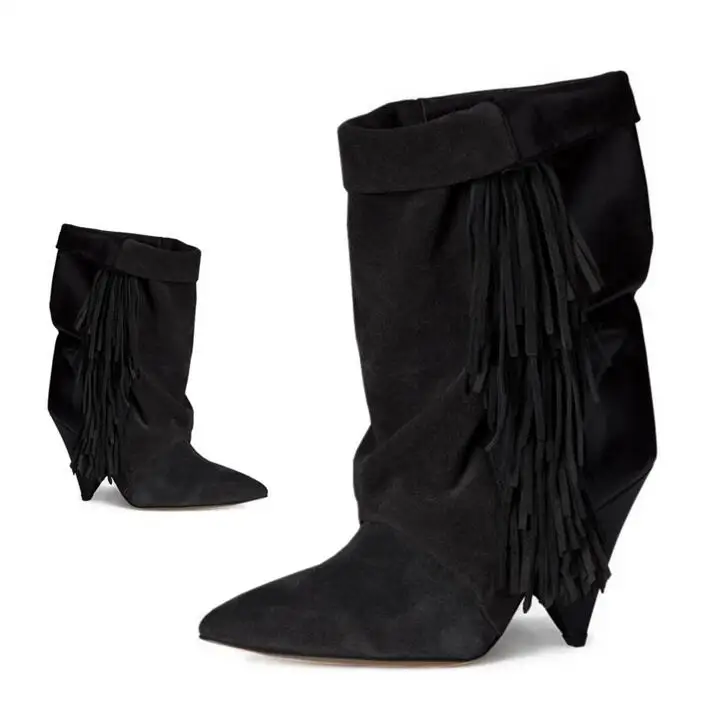 

High Quality Black Gray Suede Fringe Wedge Boots Pointed Toe Cone Heels Tassel Runway Bootie Plus Size 10 Height Increasing Boot