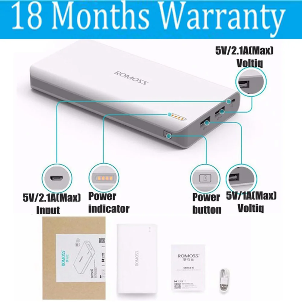 Romoss 20000 mah power Bank 20000 mah Sense 6 18650 power bank 2.1A быстрое зарядное устройство для Xiaomi samsung huawei iPhone Универсальное