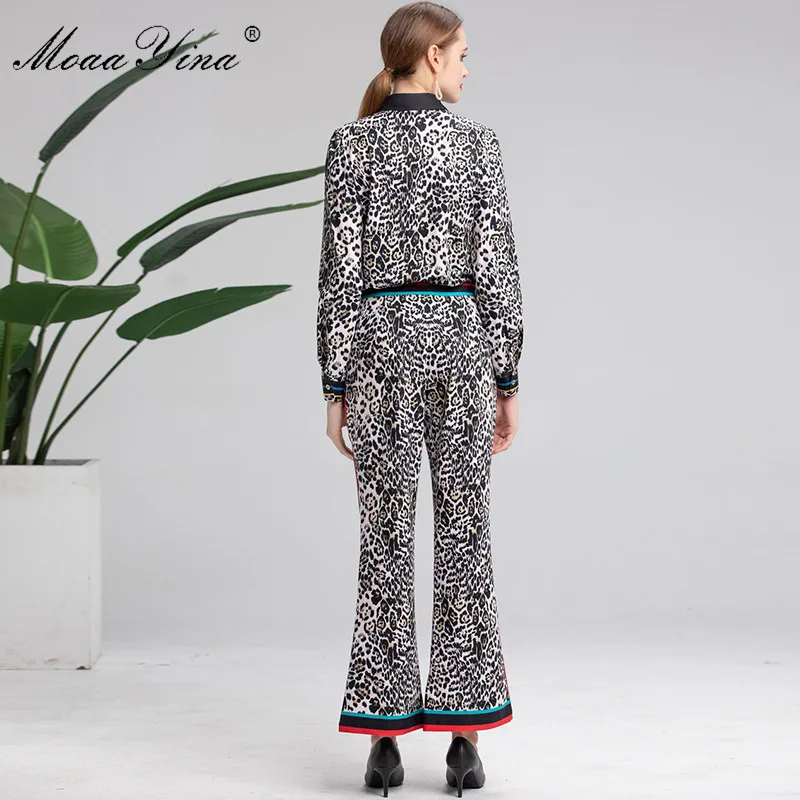 MoaaYina Fashion Designer Set Spring Autumn Women Long Sleeve Leopard Print Tops+Bell-bottomed pants Elegant Two-piece suit | Женская