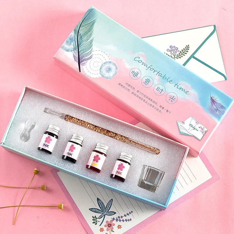 L pink orange Скуловой зыбучие пески Стекло ручка перо для чернильницы звездное Цвет чернила перьевая ручка прозрачный руководство каллиграфическая ручка подарочная коробка комплект, принадлежности для живописи - Цвет: L pink orange
