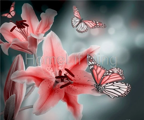 3d diy full square diamond painting pink flower butterfly pattern rhinestone embroidery lily FZ302 | Дом и сад