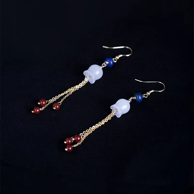 Женские серьги кисточки из серебра 925 пробы с нефритовыми