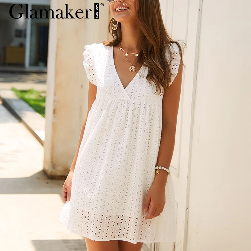 Женское короткое платье с оборками Glamaker белое элегантное Клубное большого