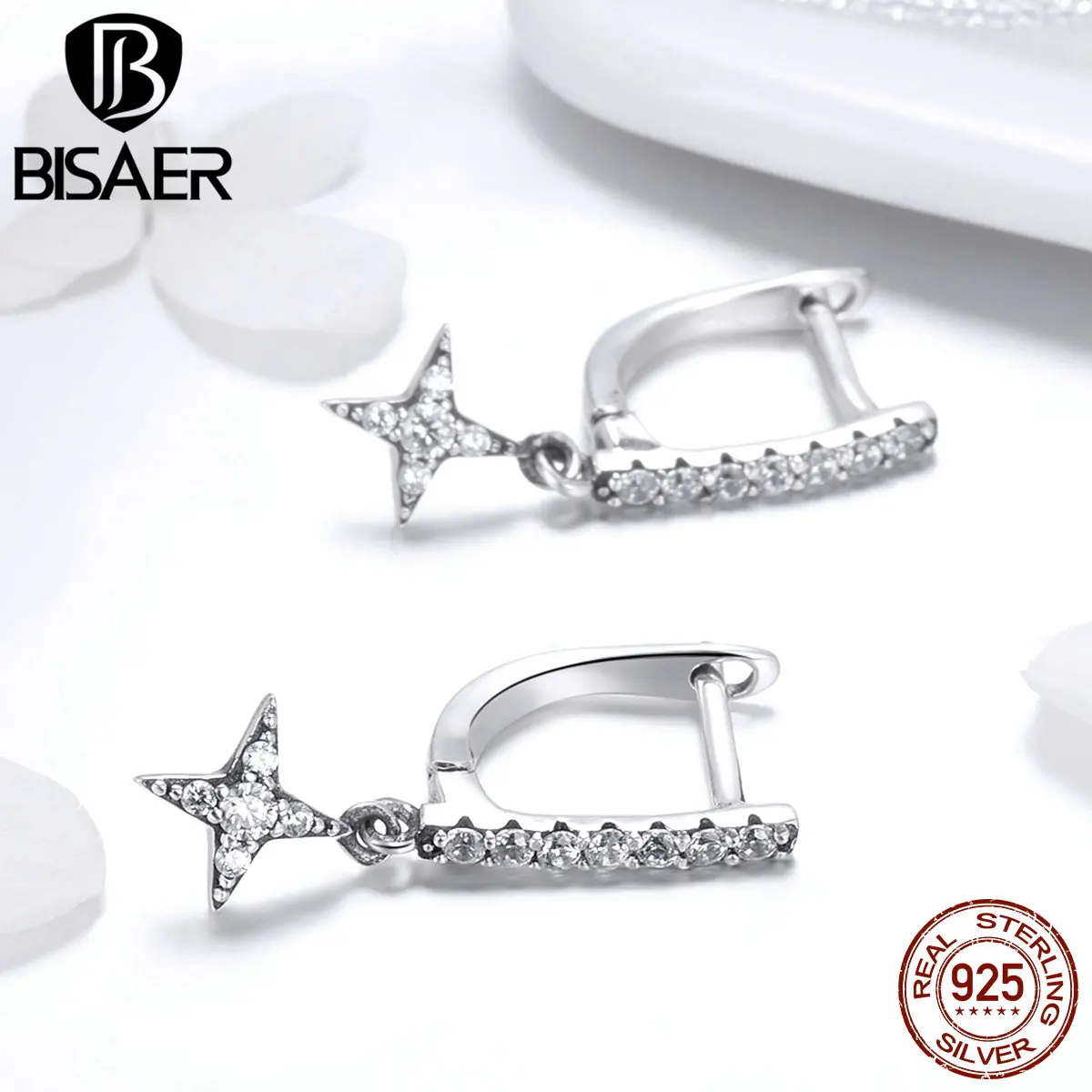 BISAER, 925 пробы, серебряные, прозрачные геометрические серьги-гвоздики с кубическим цирконием для женщин, простые модные серьги, ювелирные изделия, Brincos ECE446