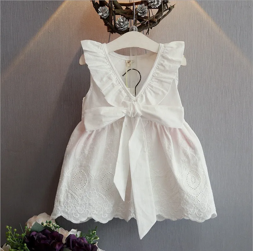 VYU girls dress 2020 spring and summer cotton openwork lace white Vestido open back bow baby girl hot | Детская одежда и обувь