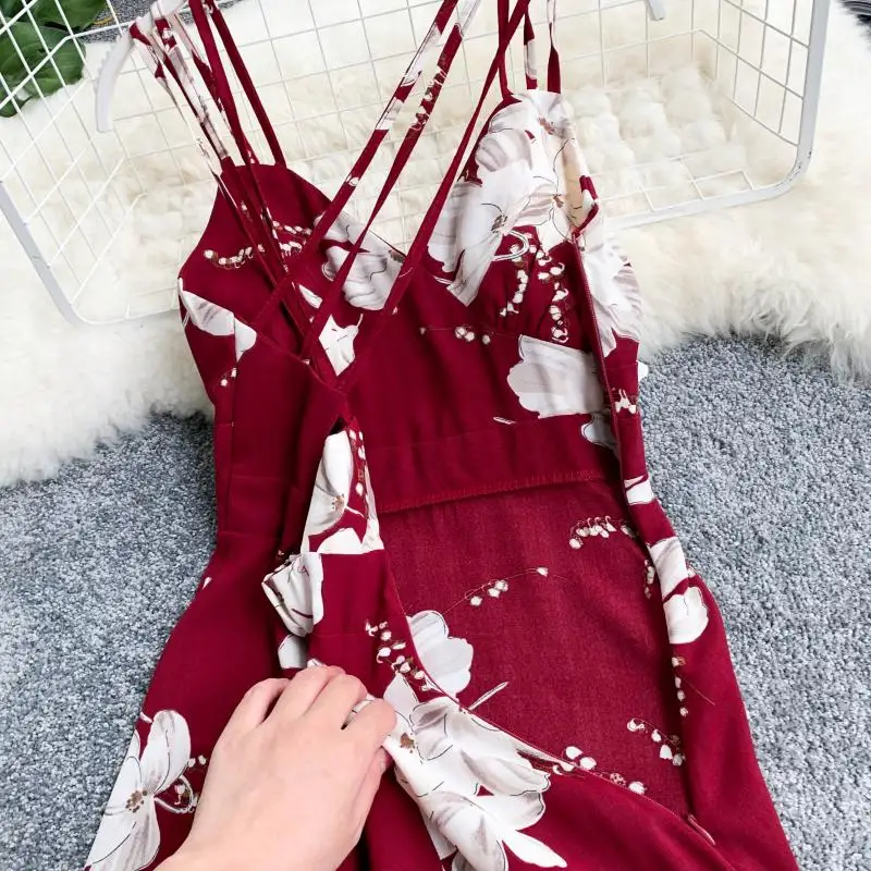 

Sanya Thai Seaside Holiday Skirt Printed V-Collar, Backless, Slender Goddess, Large Swing Dress 2019