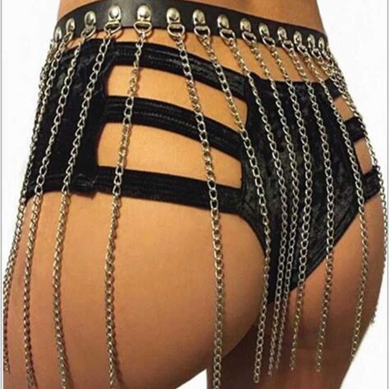 

2020 New Street Harness Lingerie Belt Body Gold Tassel Chain Belt Faux Leather Bondage Dress Straps Women Gothic Punk Rave Belts