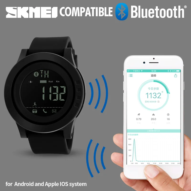 

SKMEI Men Smart Watch Bluetooth Calorie Pedometer Multi-Functions Remote Camera Hours 50M Waterproof Digital Men's SmartWatch