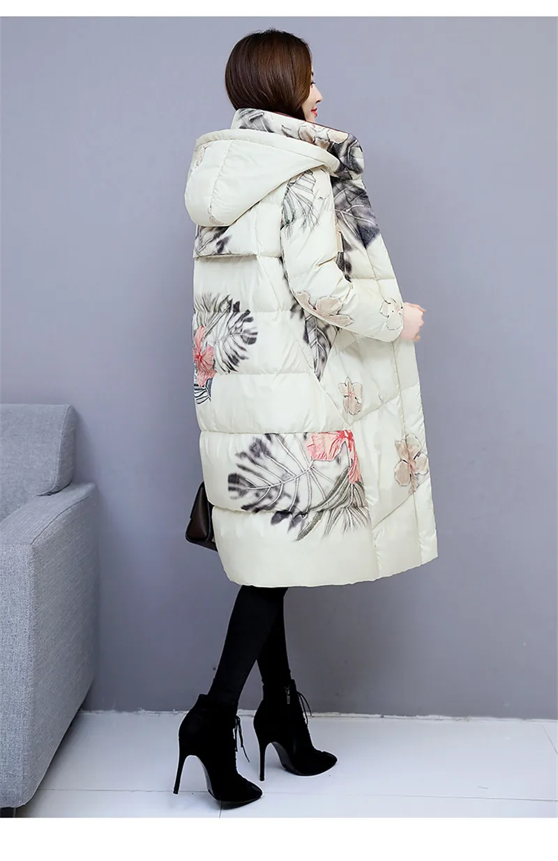Winter Long Jacket Coat Women Parkas Thicken Warm Vintage Print Down Cotton Jacket Large Size Hooded Outerwear Female Basic Coat