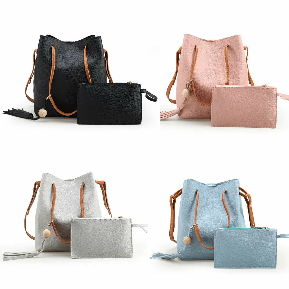 2pcs Vintage Fashion Small Women Bucket Bags Female Pu Leather Tassel Shoulder Girls Drawstring Messenger Crossbody Bag | Багаж и сумки