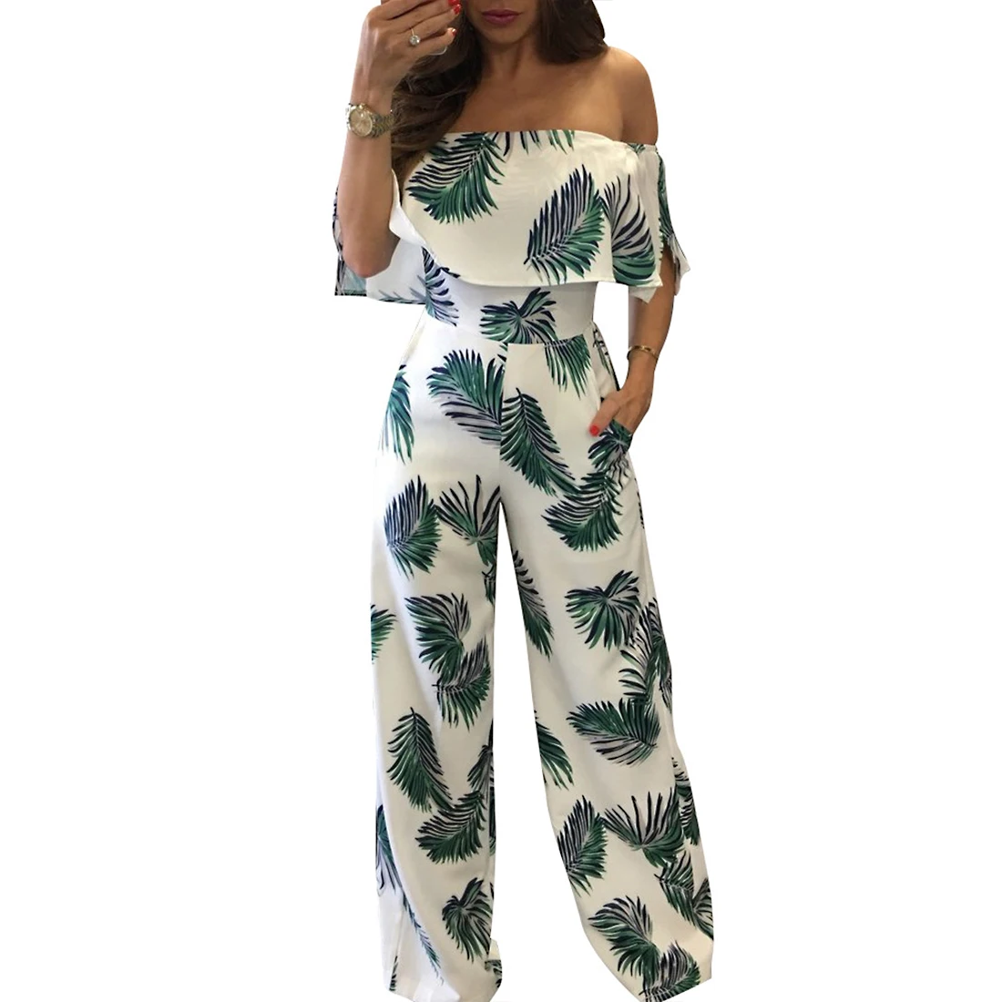 Женский свободный комбинезон длинный широкий с открытыми плечами для офиса