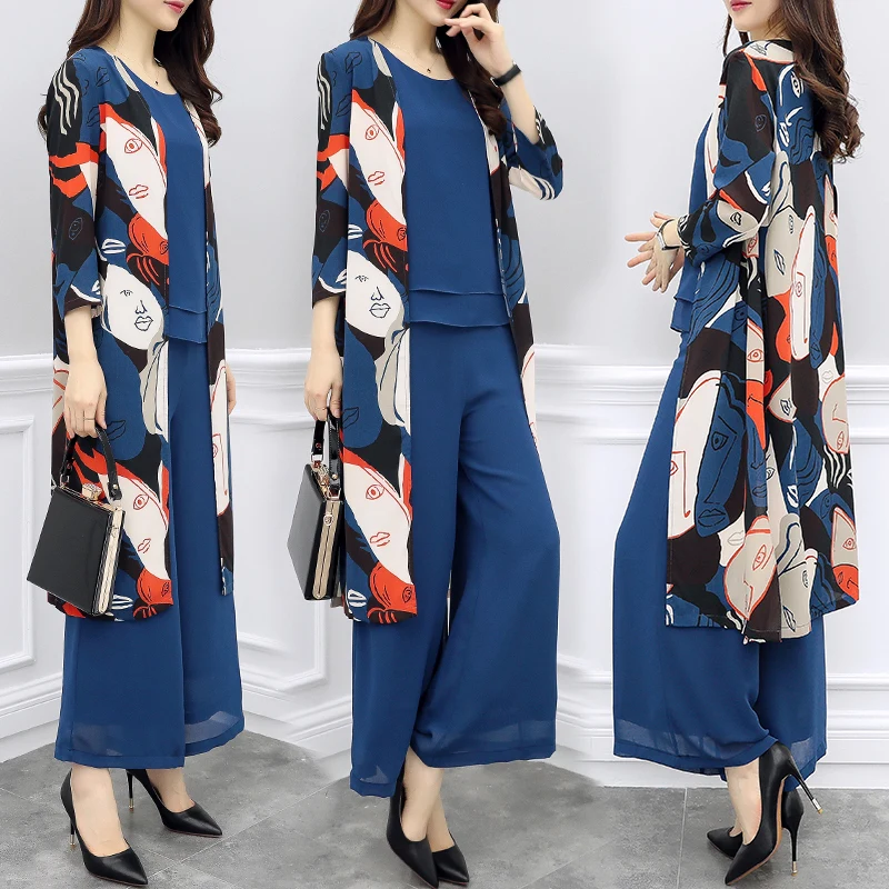 

Chiffon Women 23piece Set Top And Pants Print Summer Outfits For Women Clothes 2019 Year-old Female Costume Conjunto Feminino