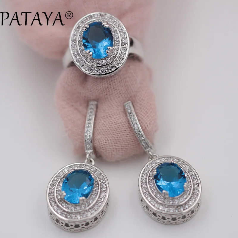 blue PATAYA модный мистический ювелирный набор из настоящего белого золота, брендовый винтажный Свадебный прекрасный натуральный циркон, Свадебный костюм, серьги, набор колец - Окраска металла: blue
