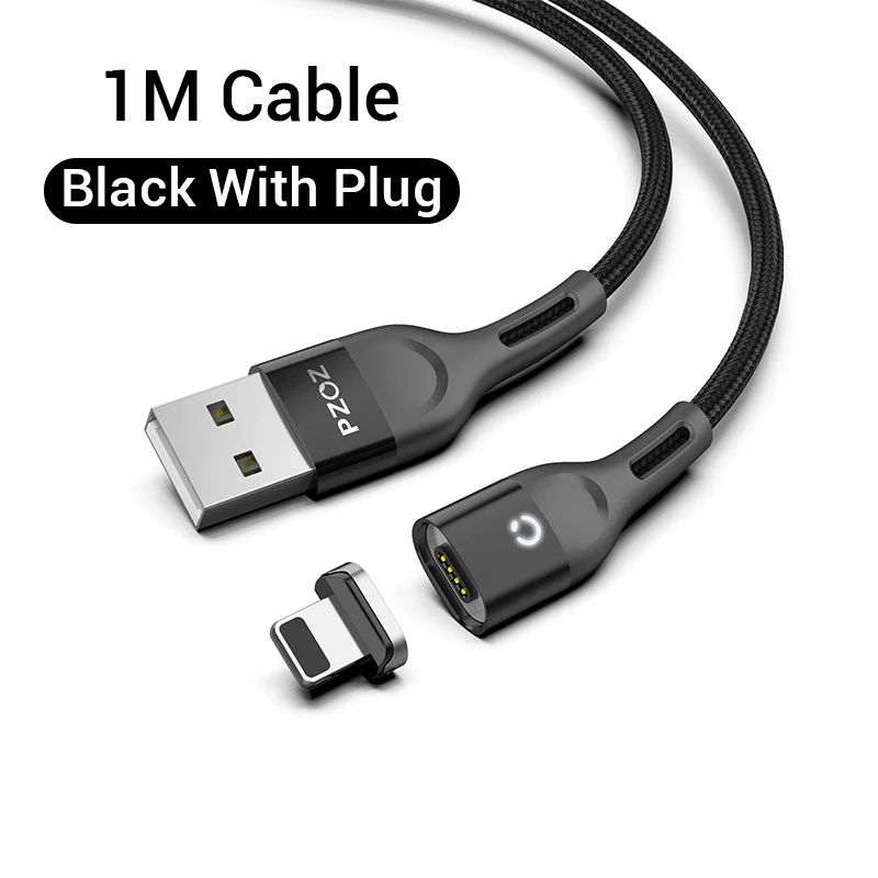 1m Black with Plug Магнитный usb-кабель для зарядки PZOZ, кабель Micro usb для быстрой зарядки, магнитный usb-кабель type c для зарядки iphone, xiaomi, samsung, шнур - Цвет: 1m Black with Plug