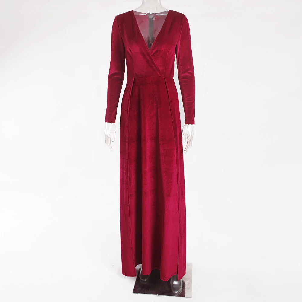 Burgundy Velvet Deep V Neck Maxi Dress Empire Double Splits Full Sleeved Party Dress Autumn Winter