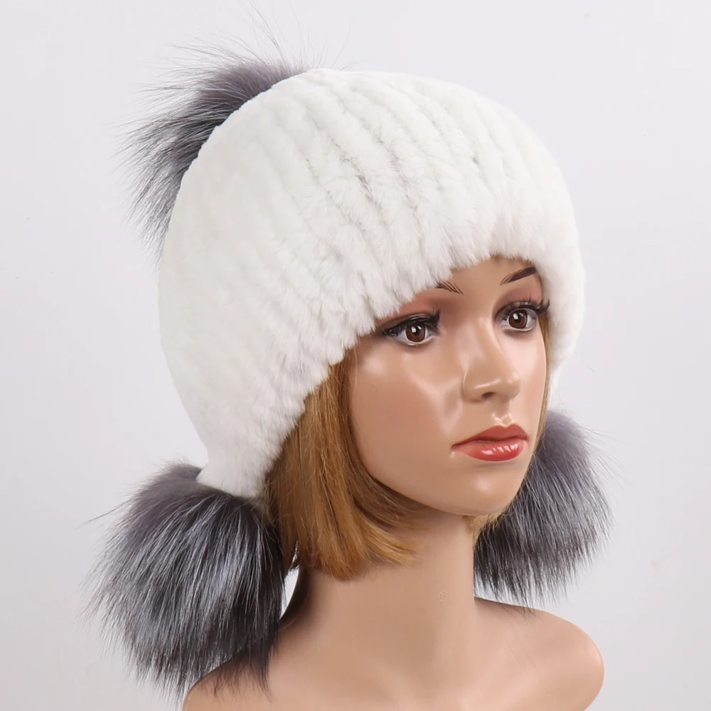 Новинка Хорошие эластичные Настоящий мех кролика женские шапки вязаные кроличий
