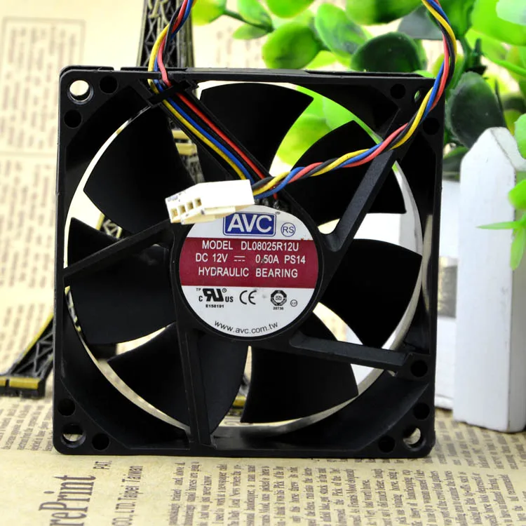 AVC 8025 80mm x 80mm x 25mm DL08025R12U Hydraulic Bearing PWM Cooler Cooling Fan 12V 0.50A 4Wire 4Pin Connector