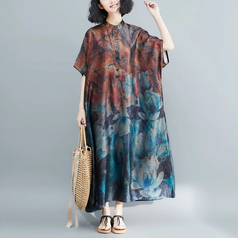 Женское шифоновое шелковое платье с коротким рукавом в винтажном стиле повседневное длинное летнее рубашка
