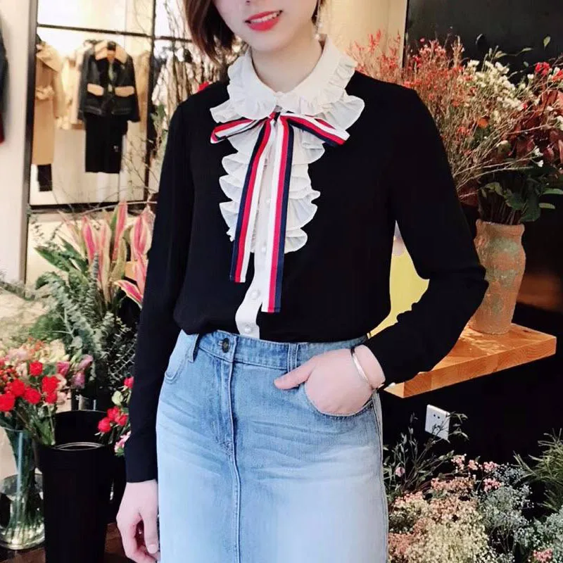 Spring Classic Bowtie Office Lady Chiffon Shirts Black Girl Ladies Long Sleeve Peter Pan Collar Blouse | Женская одежда
