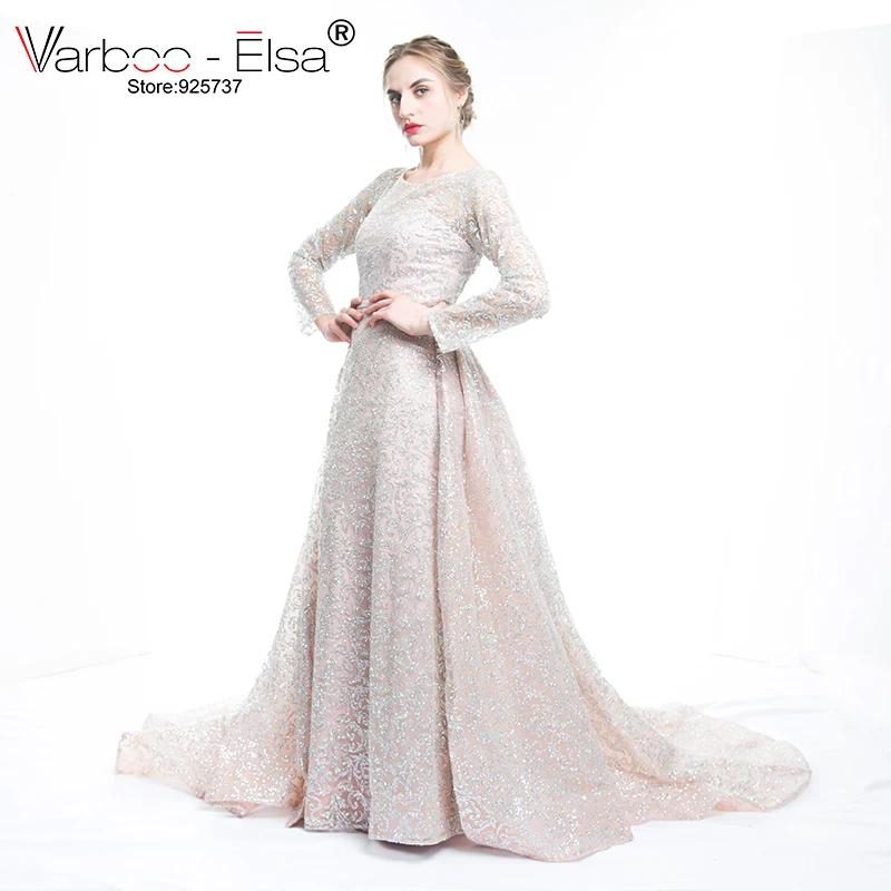 VARBOO_ELSA/ Новое поступление, блестящее вечернее платье с блестками, длинный съемный шлейф, Длинное нарядное платье с рукавом, мусульманское платье для выпускного вечера в арабском стиле