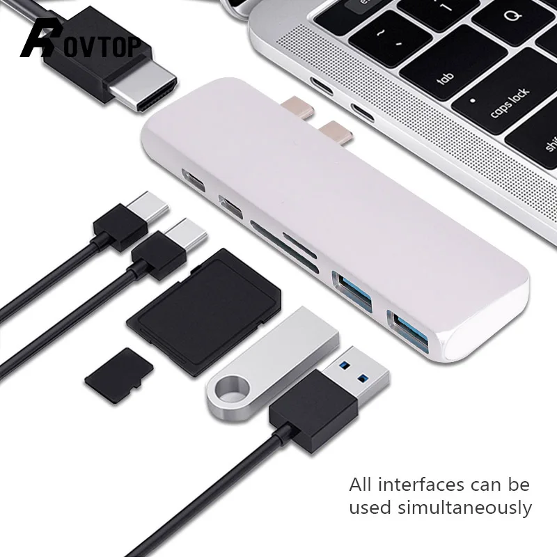 Концентратор Rovtop USB Type C адаптер 7 в 1 двойной порт док-станция для ноутбука MacBook Pro с