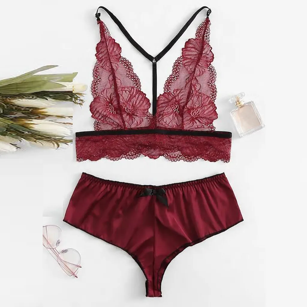Бюстгальтер + комплект женское сексуальное нижнее белье Красное Кружевное
