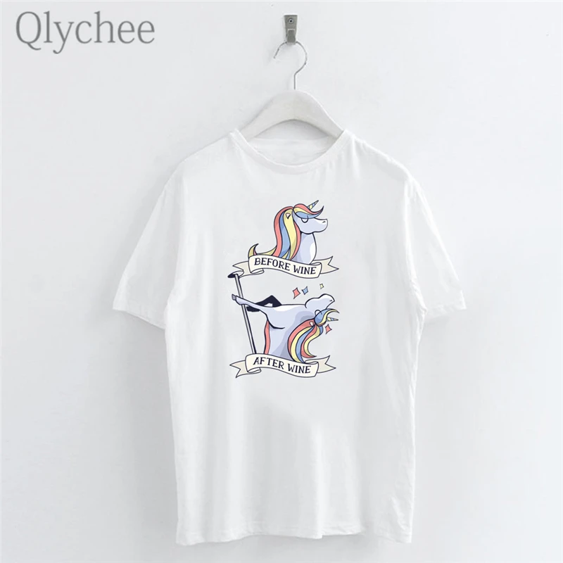 Qlychee Harajuku женские футболки с радужным принтом лошади топы вырезом лодочкой