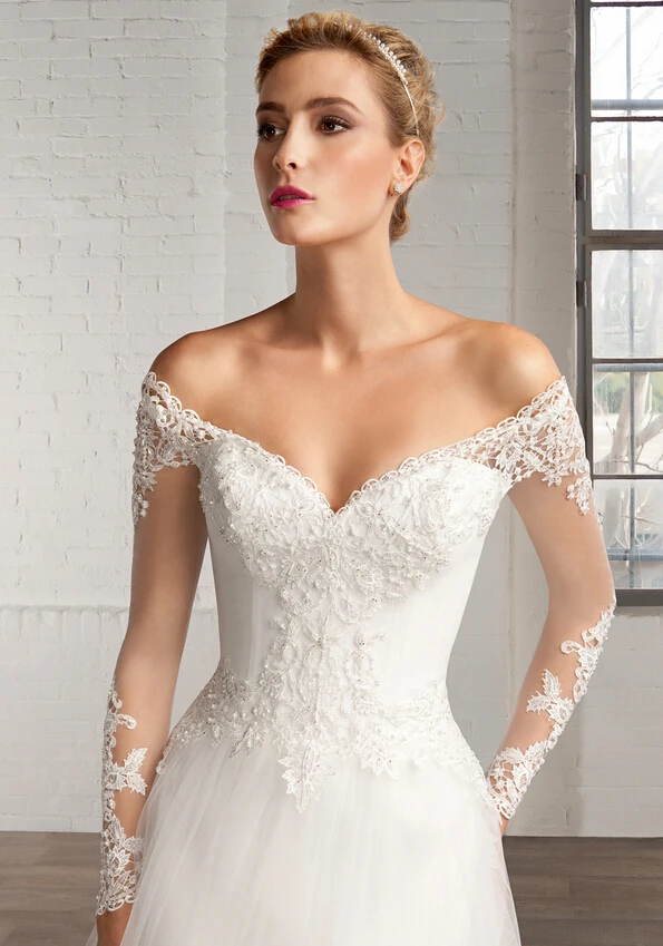 White/ivory bridal dress Long Sleeve V-Neck Lace Bodice A-line vestidos de novia see through abiti da sposa 2015 | Свадьбы и