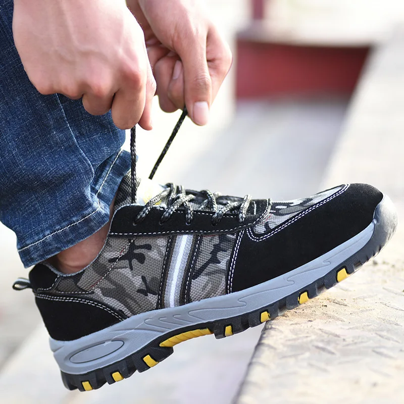 

plus size mens breathable camouflage steel toe caps work safety shoes anti-pierce builder dress tooling security boots protect