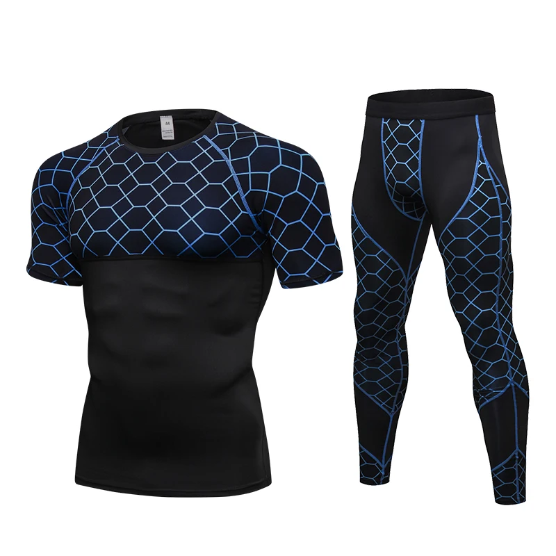 2018 New Arrival 2PCS Men Compression Running Sets Tracksuit Men's Grid Quick Dry Gym Fitness Sport Shirts And Pants Sportswear | Спорт и