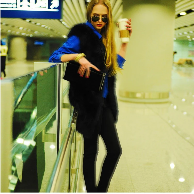 дубленки женские из искусственного лисьего меховой жилет v-шейка вырезом меховые