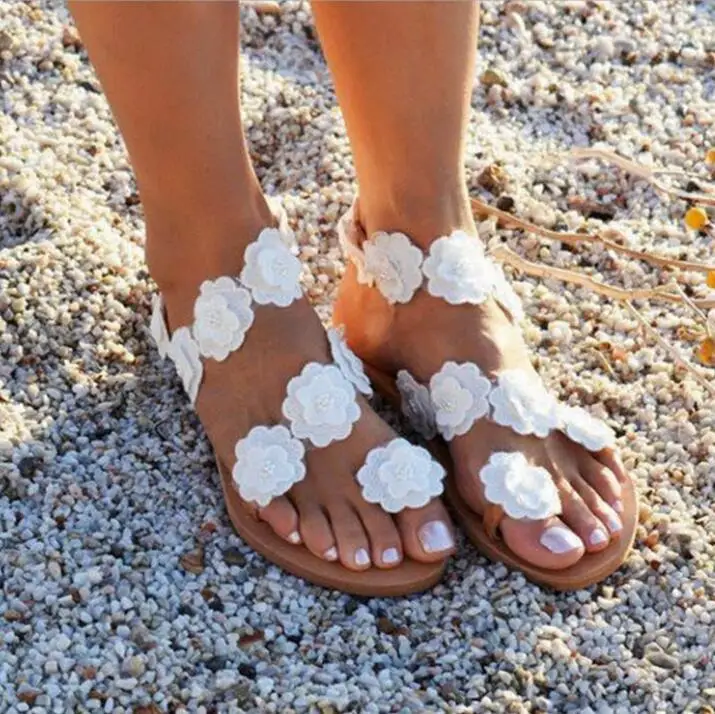 White Flower Decor Women Slides String Bead Flip Flops Flats Sandals Shoes Lady Summer Casual Beach Ankle Strap | Обувь