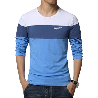 T195 Blue Футболка Для мужчин с длинным рукавом Мода печати весна Для мужчин; брендовая одежда Повседневное Slim v-образным вырезом Хлопок Футболка Homme Футболки для девочек M-5XL - Цвет: T195 Blue