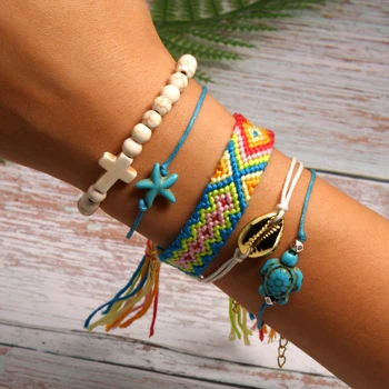 3 MOON GIRL 5 Pieces Puka Shell Bracelet Set Turtle Starfish Cross Beads Boho Weave Bracelet for Women Friendship Jewelry Dropship - Metal Color: 3