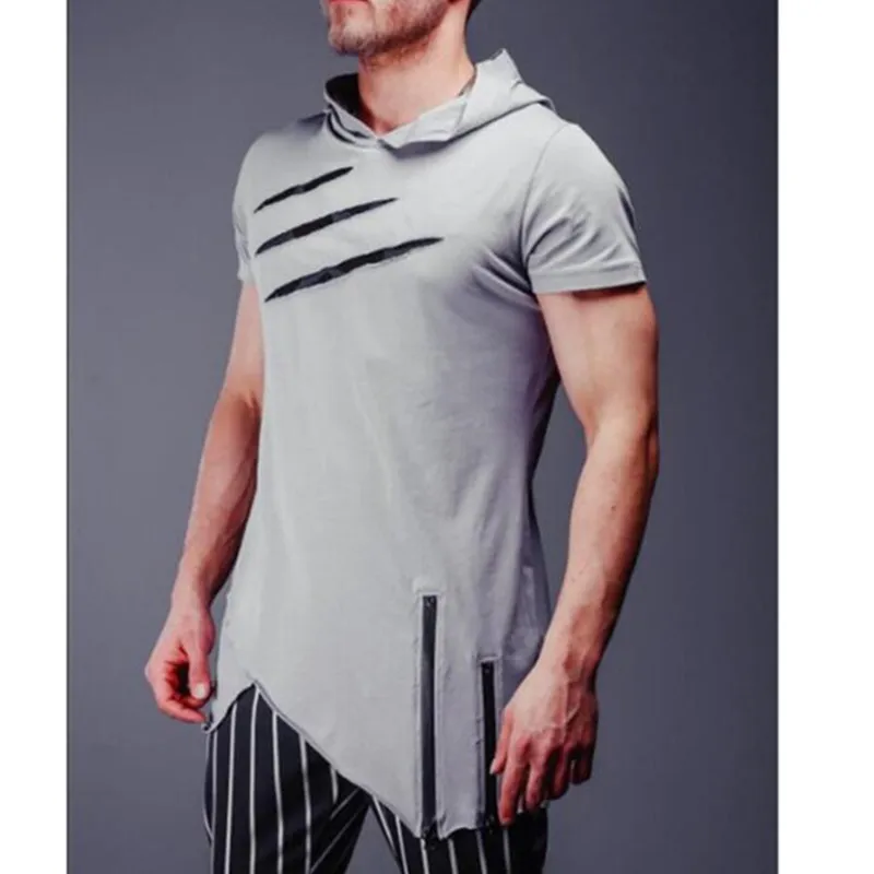 Новая мужская футболка с капюшоном на молнии длинным круглым вырезом Однотонная