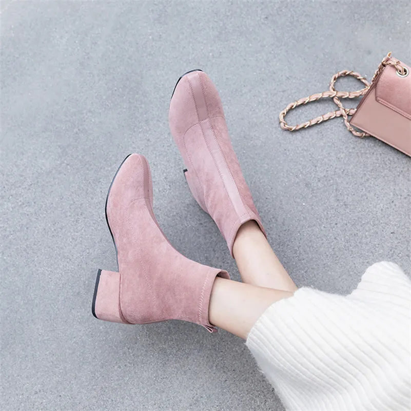 FEDONAS Top Quality Flock Women Ankle Boots Square Toe Square Heels Slip on Elegant Chelsea Boots Autumn Winter Basic Shoes