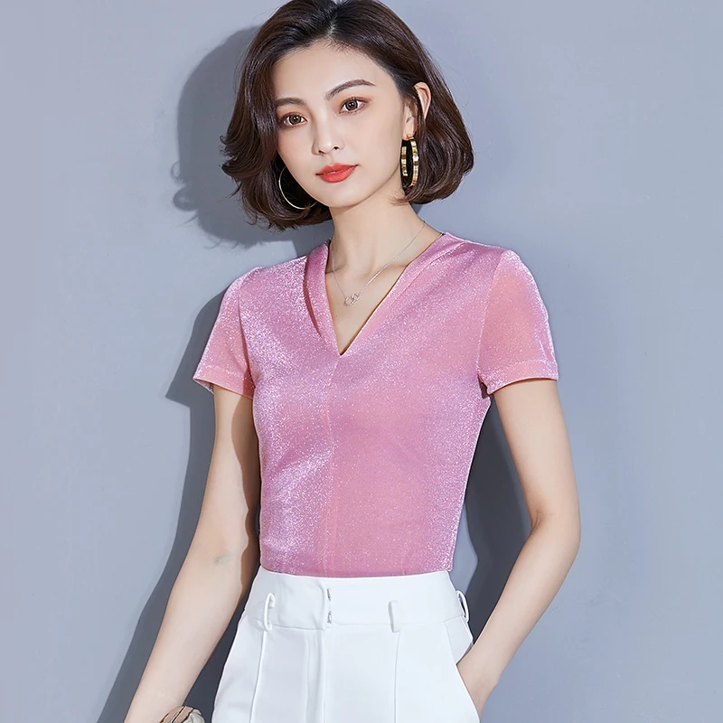 Розовый Blusas Mujer De Moda, новинка, яркая шелковая кружевная блузка, женские рубашки, блестящий люрекс, сексуальная, короткий рукав, для офиса, Женские топы и блузки - Цвет: Розовый