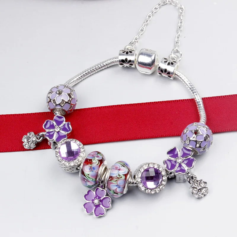 

Purple Flower 925 Fashion Silver Charms Bracelet Snake Chain Bangle For Women Crystal Flower Beads Fit Brand Bracelets Jewelry