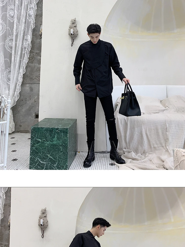 Для мужчин с длинным рукавом Повседневная рубашка мужской Slim Fit платье уличная хип хоп сценические костюмы черный, белый цвет