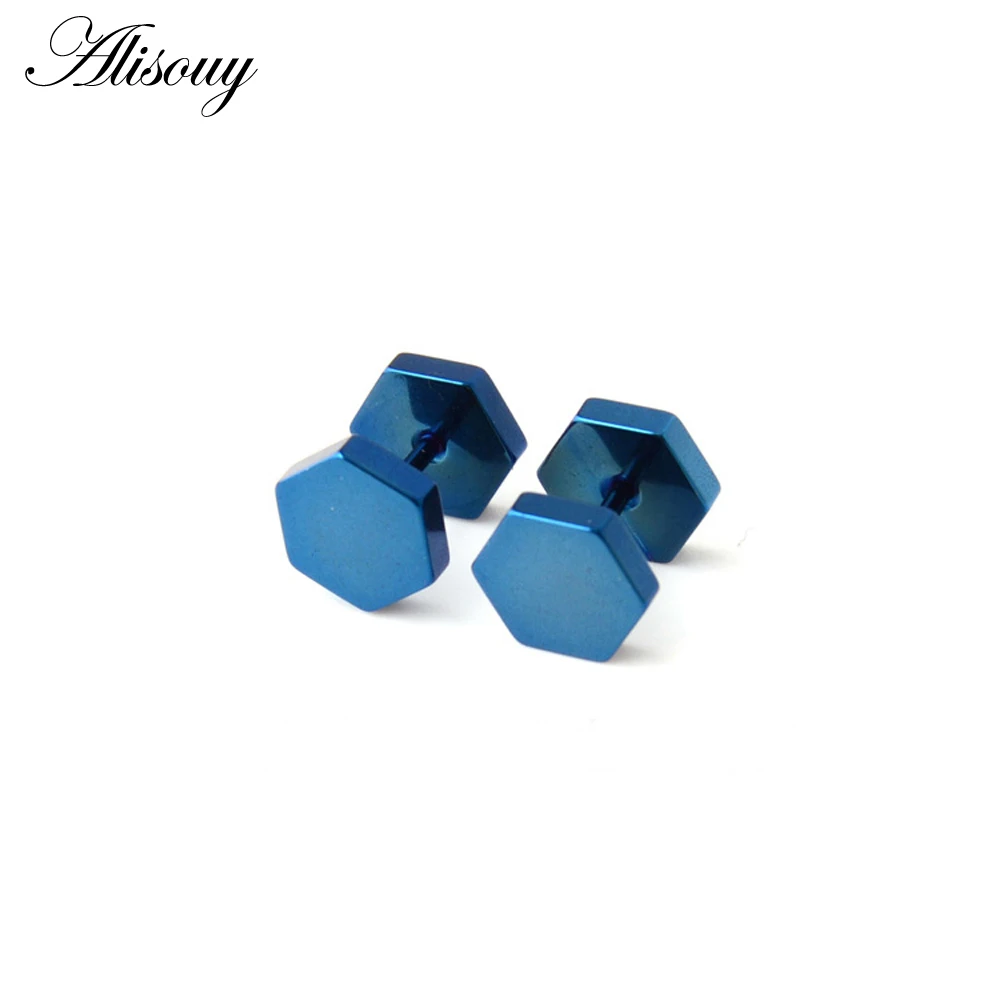 Blue Alisouy, 2 шт., шестигранные шпильки, опт, модные, черные, серебряные, нержавеющая сталь, серьги для женщин, мужчин, в стиле панк, готика, серьги-гвоздики для мужчин - Окраска металла: Blue