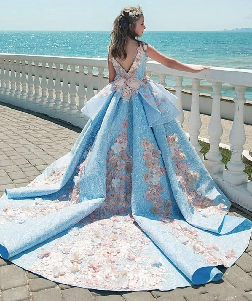 Великолепные платья для девочек с небесно голубыми цветами 2018 бальное платье 3D