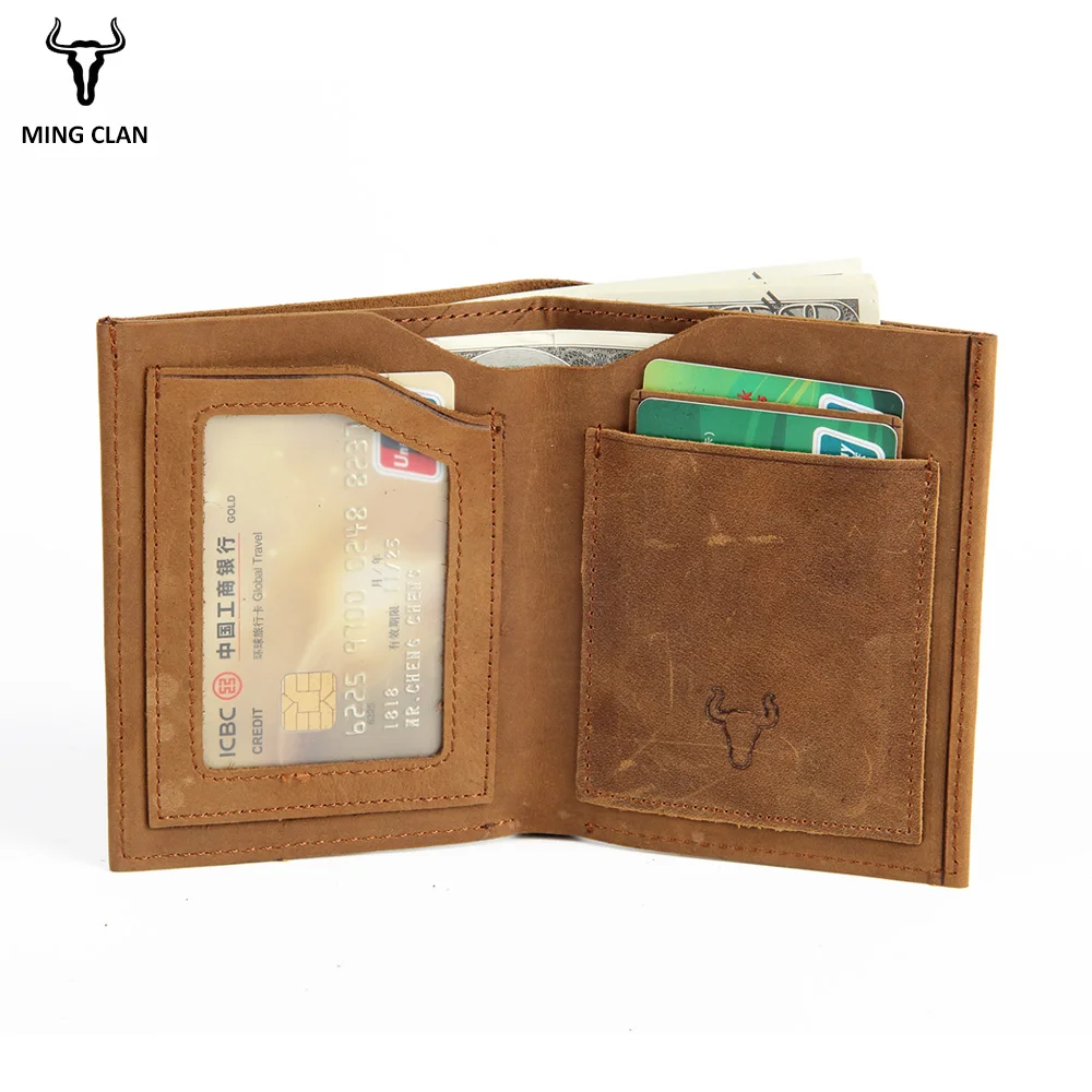 Mingclan Crazy Horse Vintage Designer Genuine Cowhide Leather Men Short Wallet Purse Card Holder Coin Purse Pocket Male Wallets