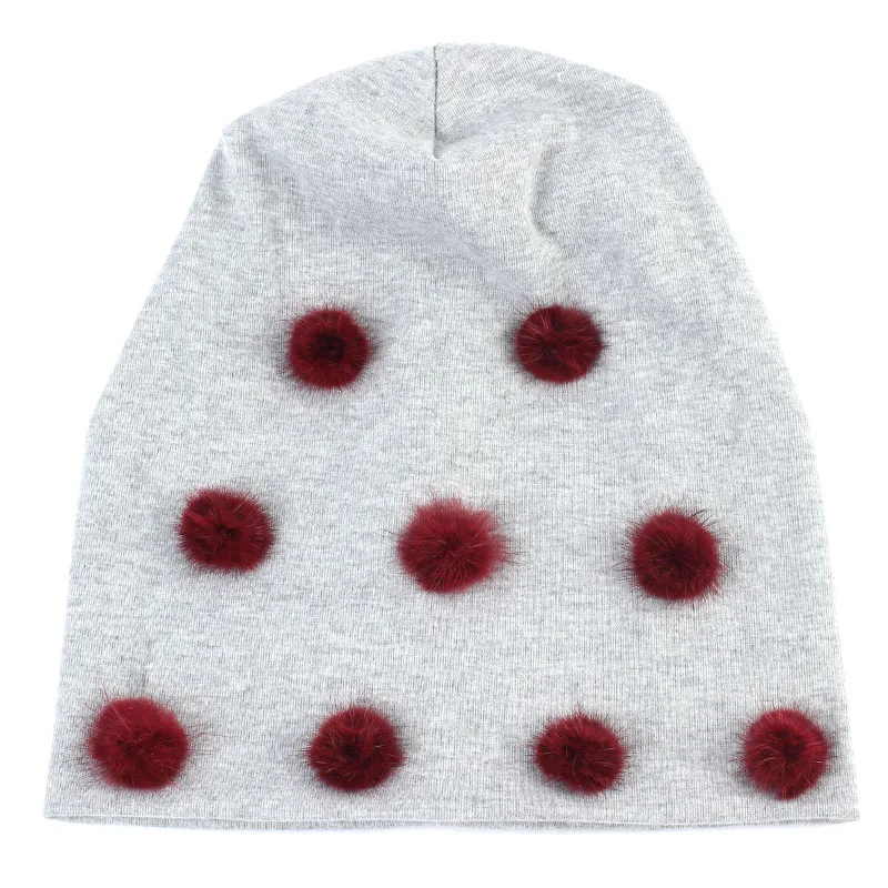 Wine Red Light Grey Geebro зимняя женская Шапка-бини с помпоном простые хлопковые мешковатые шапки-Боб с помпонами из меха норки Skullies& Beanies chapeau femme - Цвет: Wine Red Light Grey