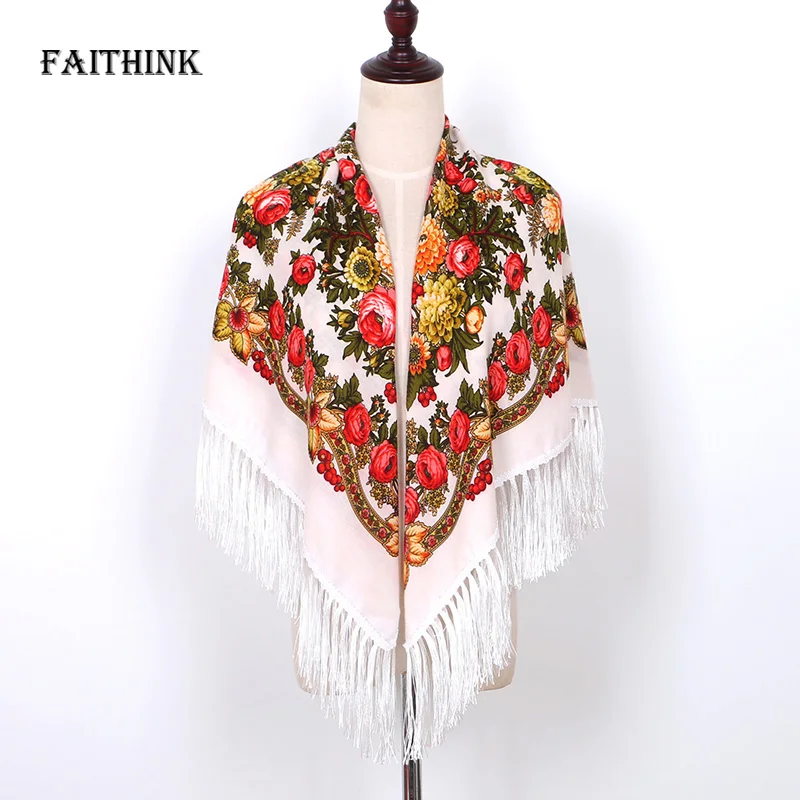 [FAITHINK] Модный женский шарф с цветочным принтом и кисточками весенне-осенний