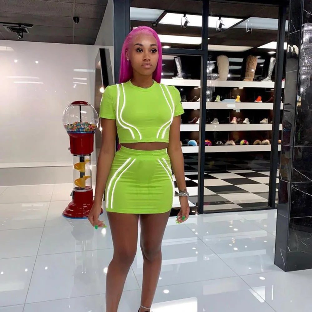 2019 Осенняя Новая женская сексуальная Светоотражающая сшитая юбка футболка